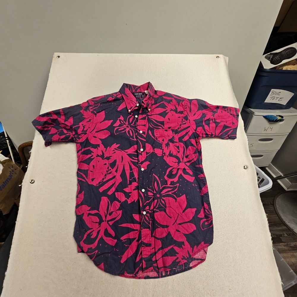 Lord Jeff Vintage Pink Navy Tropical Floral Cotton Button Down Shirt Mens Large